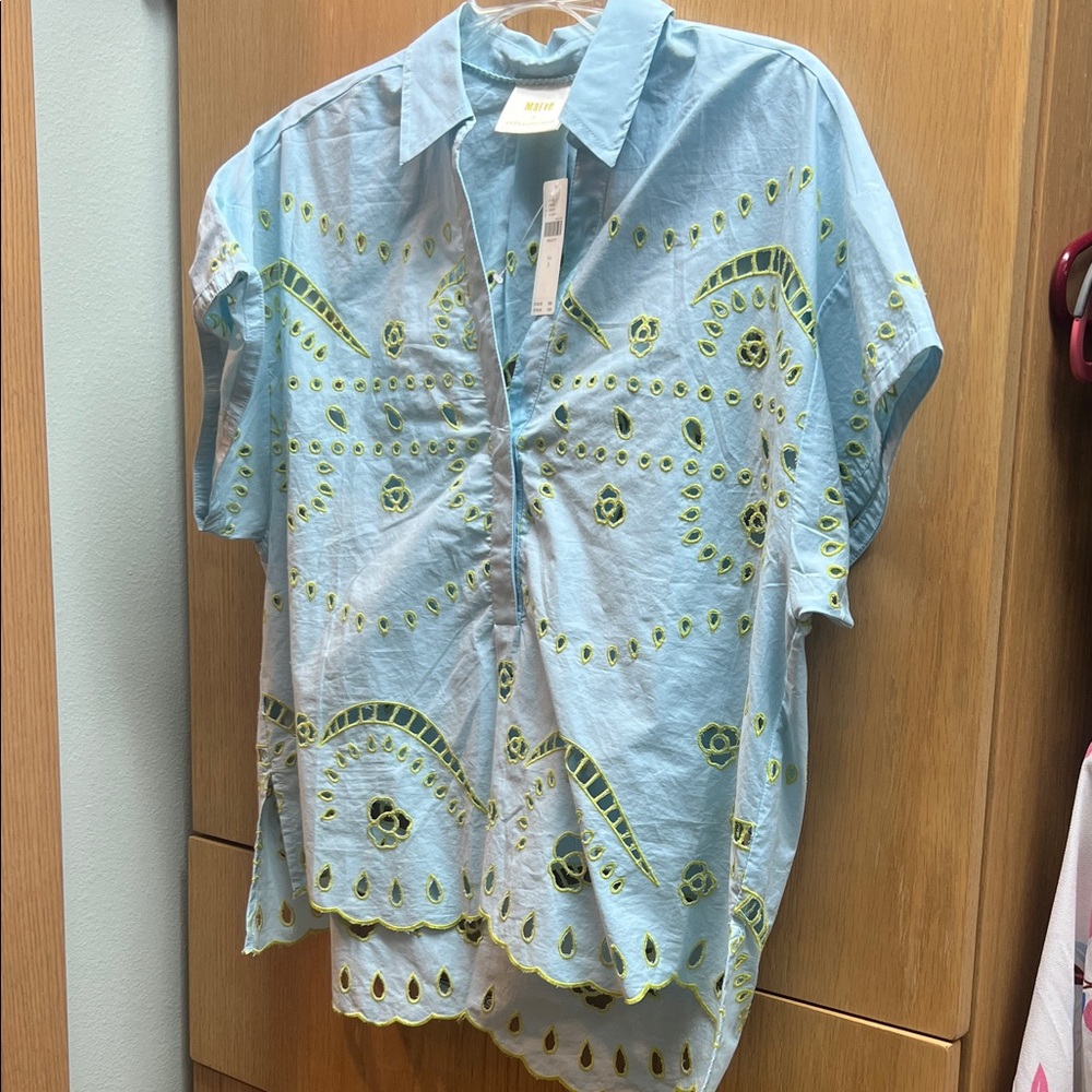 Maeve Blue Shirt with Green Embroidery